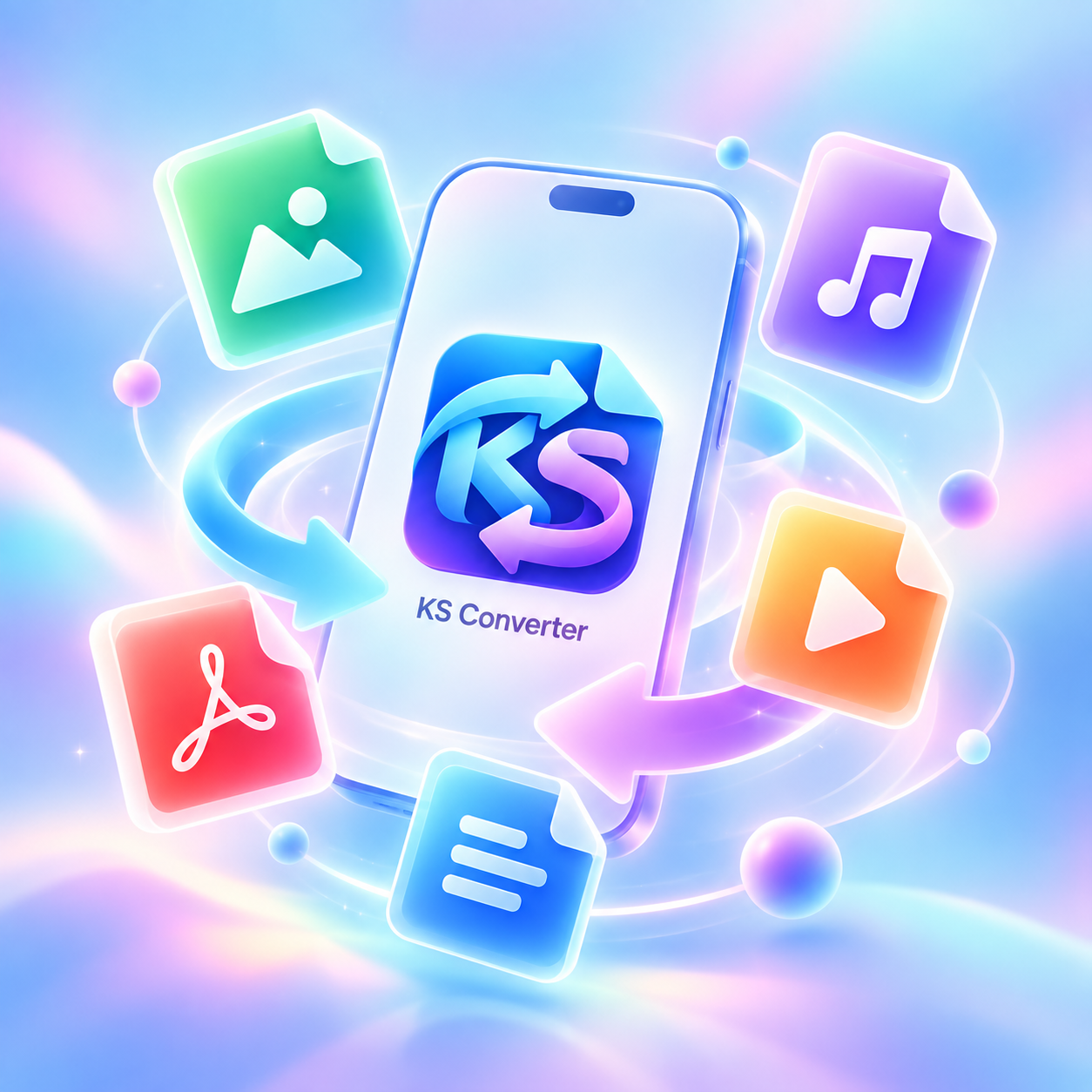 KS Converter phone artwork with image, audio, video, PDF and document file cards